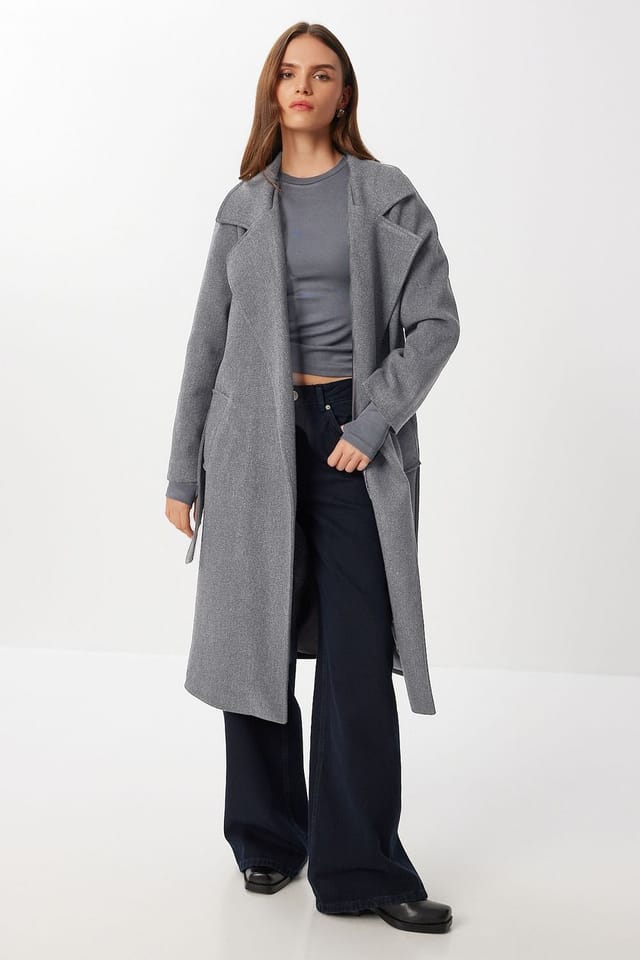Happiness Istanbul Happiness Istanbul Women's Textured Double Breasted Long Overcoat in Charcoal - 2