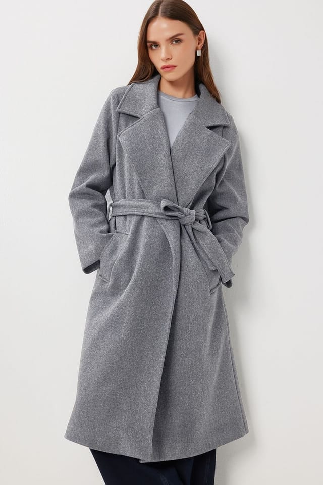 Happiness Istanbul Happiness Istanbul Women's Textured Double Breasted Long Overcoat in Charcoal - 3