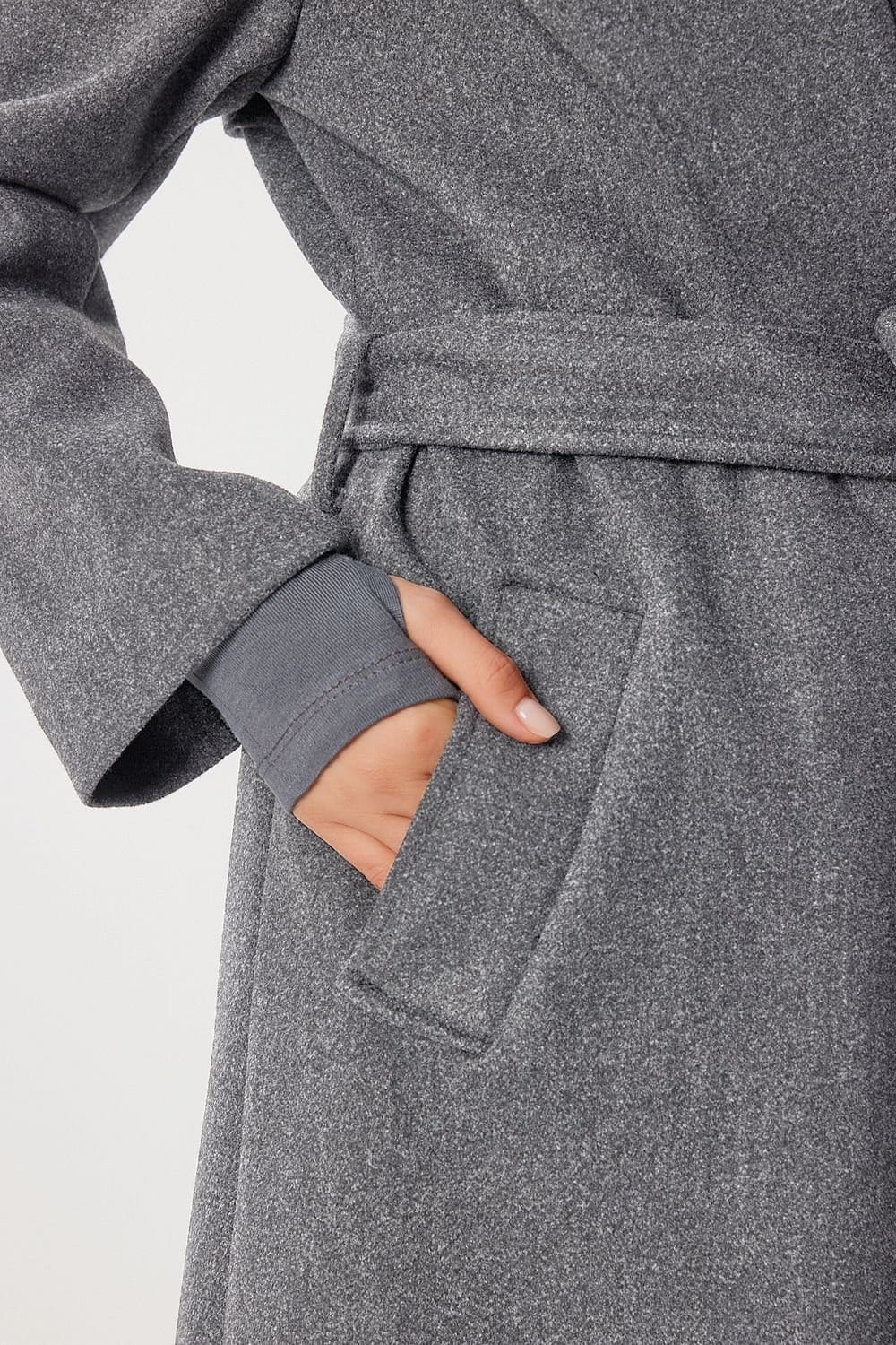 Happiness Istanbul Happiness Istanbul Women's Textured Double Breasted Long Overcoat in Charcoal - 4