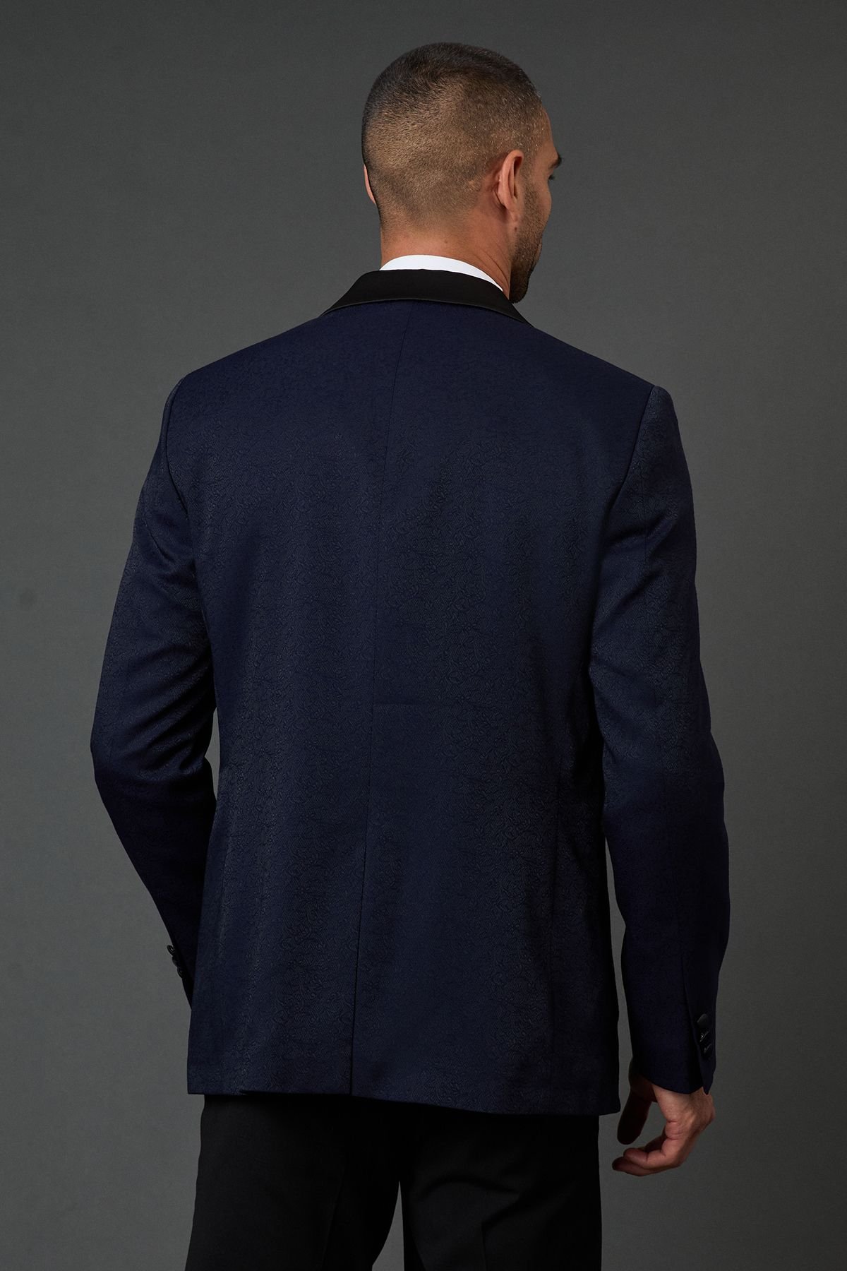 Burton Burton Men's Navy Jacquard Shawl Collar Tailored Fit Tuxedo Jacket - 3