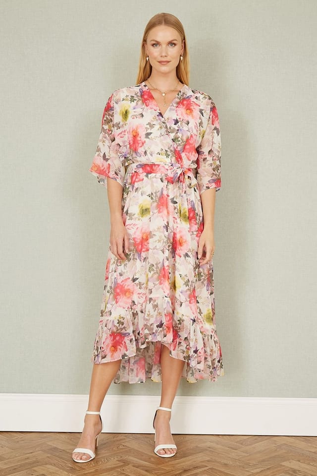 Yumi Yumi Women's Ivory Vintage Floral Wrap Midi Dress With Frill - 2
