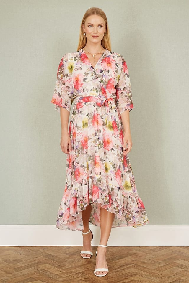 Yumi Yumi Women's Ivory Vintage Floral Wrap Midi Dress With Frill - 3