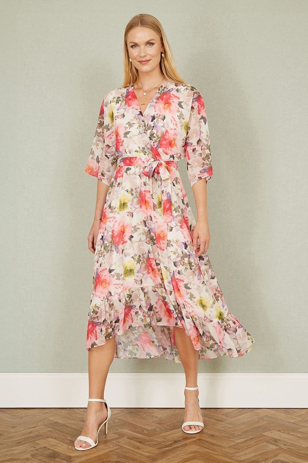 Yumi Yumi Women's Ivory Vintage Floral Wrap Midi Dress With Frill - 4