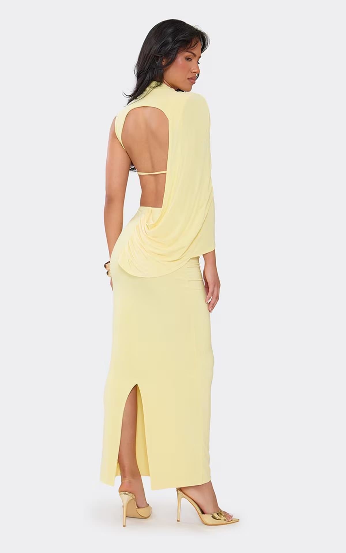 EGO Sleeveless Cape Detail Open Back Maxi Dress In Lemon, Women's Size UK 6