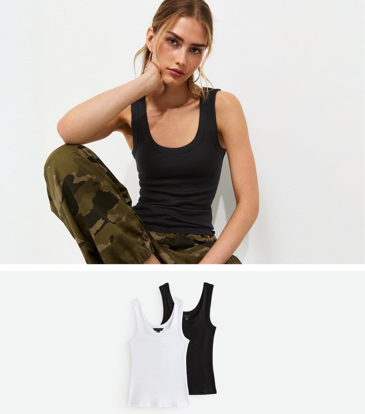 New Look Pack Of 2 Black And White Ribbed Scoop Neck Tank Tops