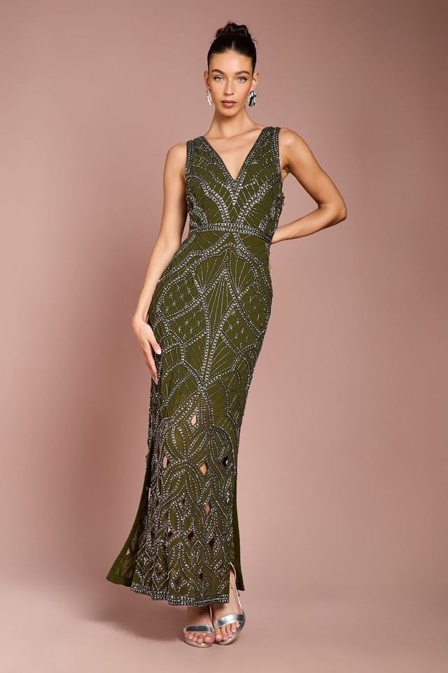 Coast Coast Women's V Neck Embellished Maxi Dress in Green - 2