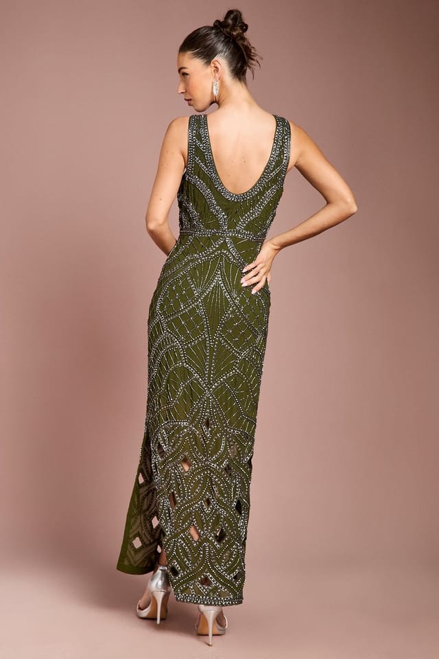 Coast Coast Women's V Neck Embellished Maxi Dress in Green - 3