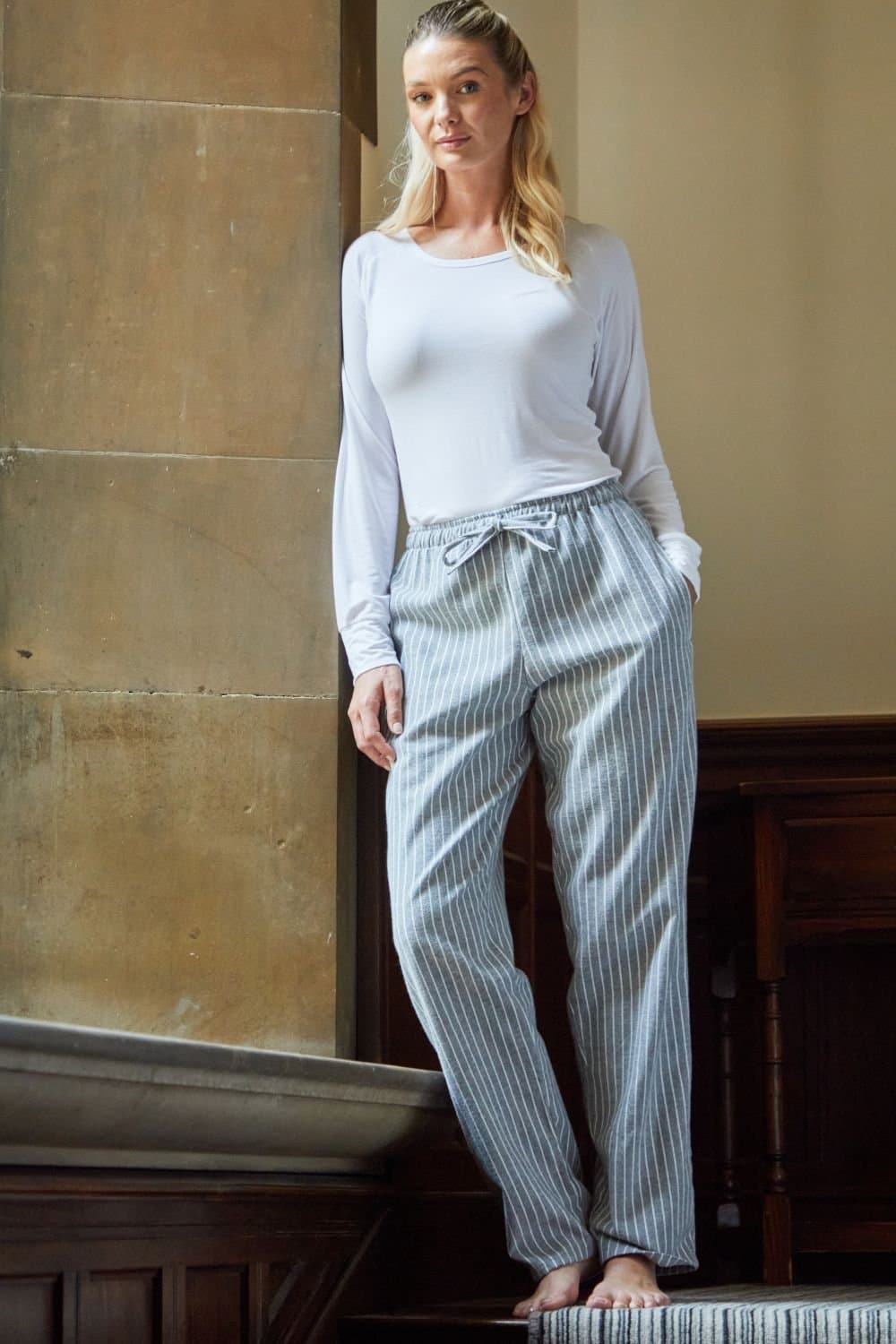 British Boxers British Boxers Women's "Chalk" Stripe Brushed Cotton Pyjama Trousers in Grey