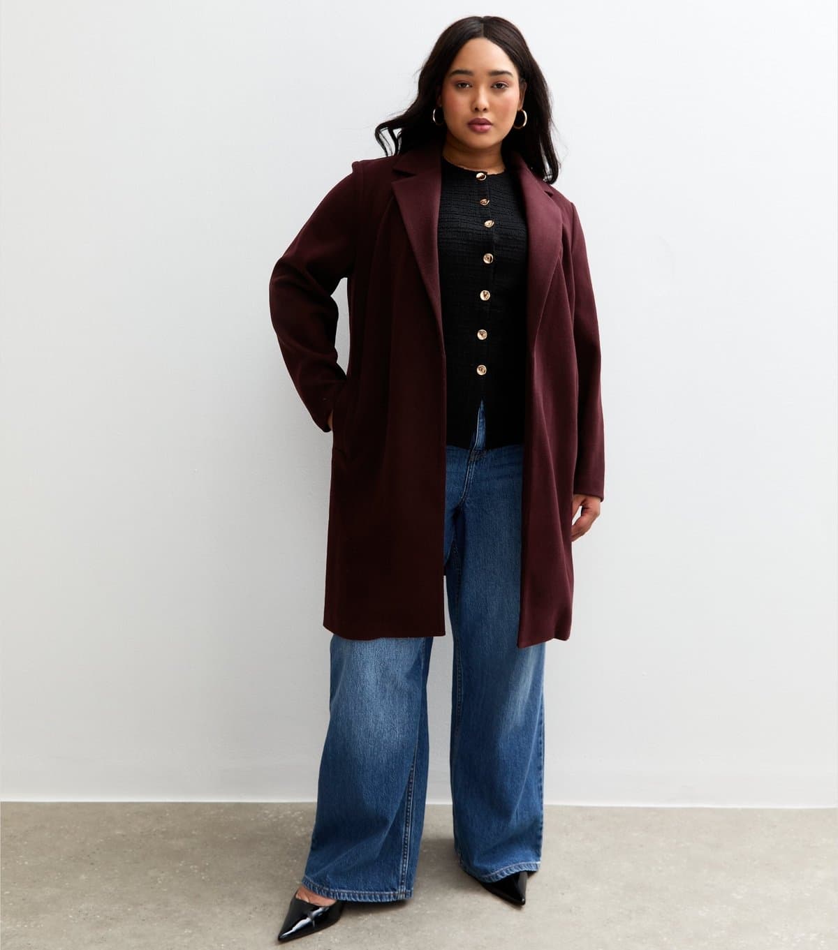 New Look Women's Plus Size Dark Burgundy Unlined Open Front Formal Coat Curves New Look