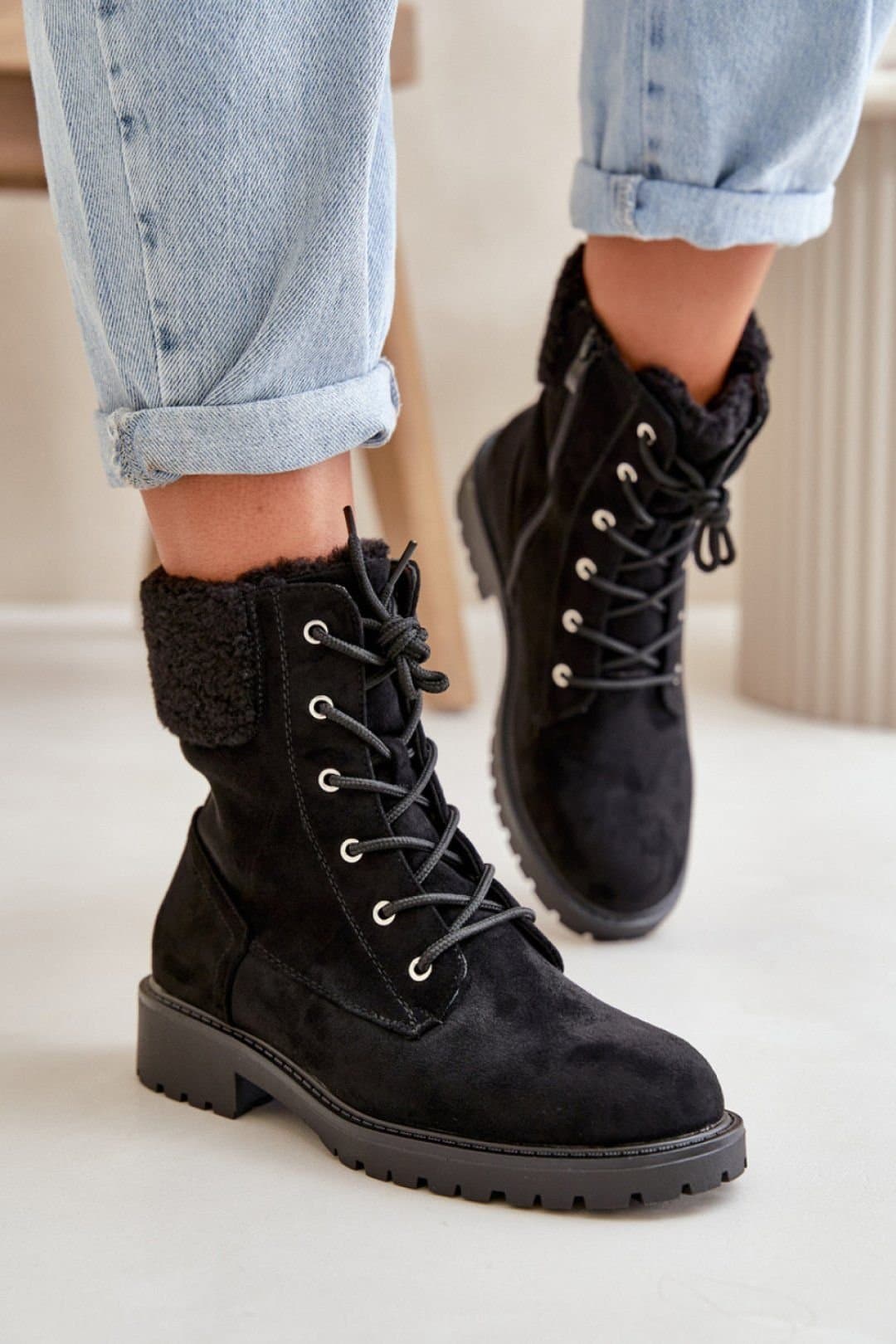 Love Lace Love Lace Women's Soft Suede Ankle Boots with Fur Trim & Zip Lace Closure in Black
