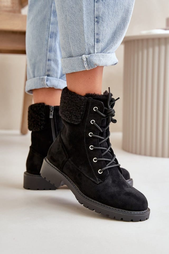 Love Lace Love Lace Women's Soft Suede Ankle Boots with Fur Trim & Zip Lace Closure in Black - 3