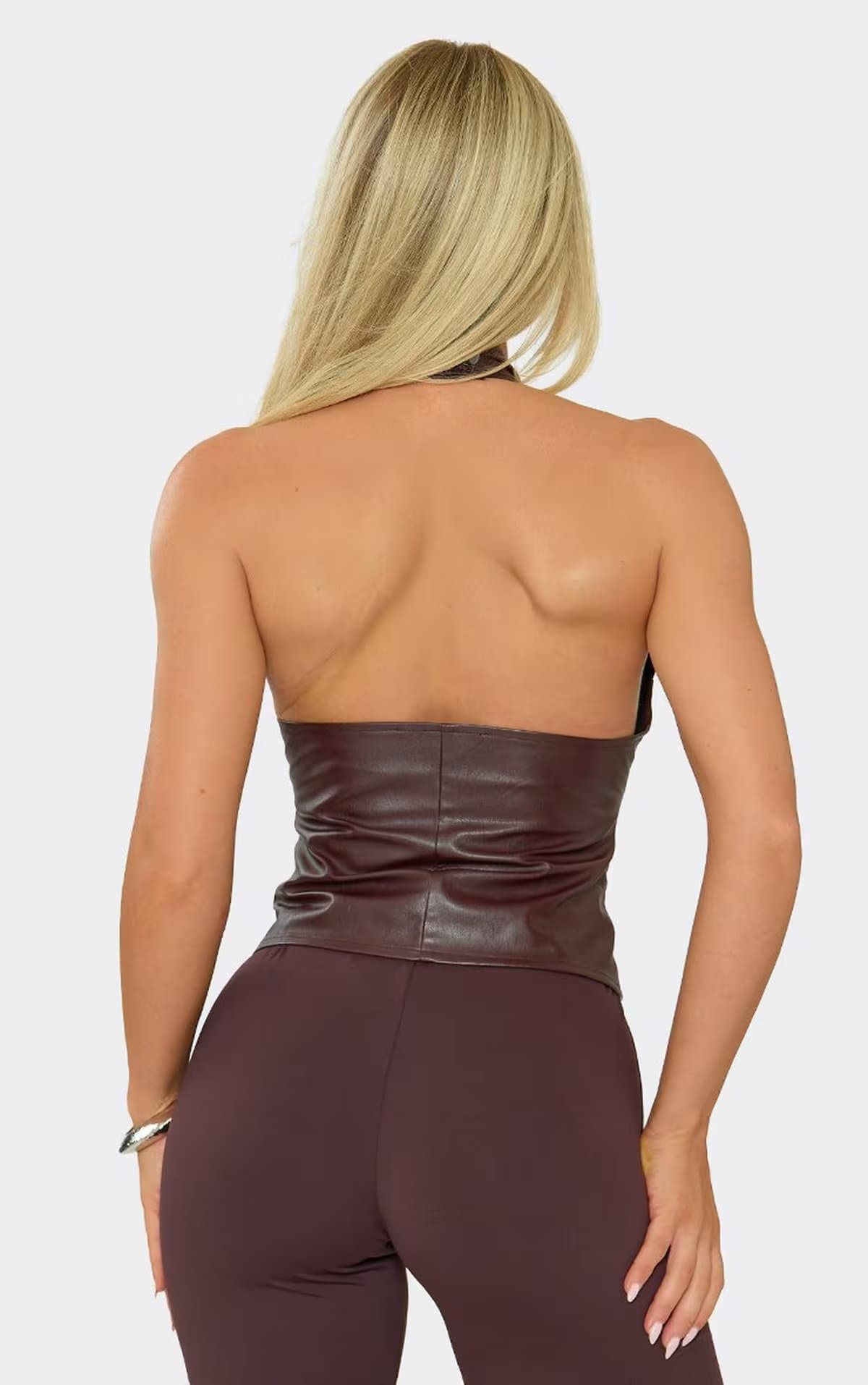 EGO Halterneck Lace Up Front Top In Plum Faux Leather, Women's Size UK 6