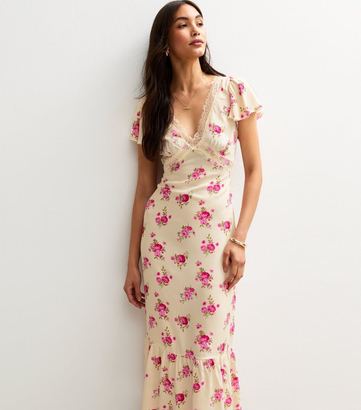 New Look Women's Off White Floral Print Lace Trim Midi Dress New Look