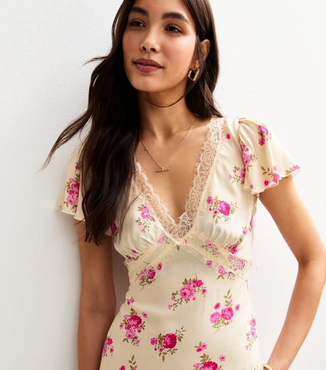 New Look Women's Off White Floral Print Lace Trim Midi Dress New Look - 2