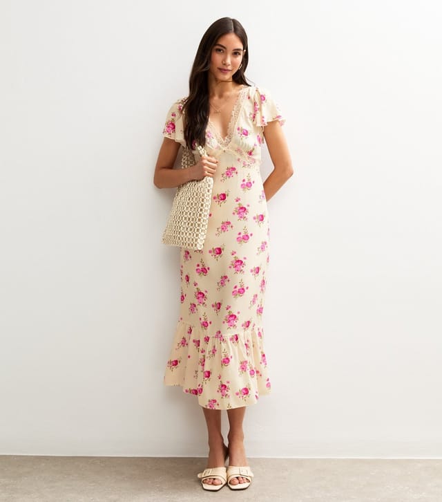 New Look Women's Off White Floral Print Lace Trim Midi Dress New Look - 3