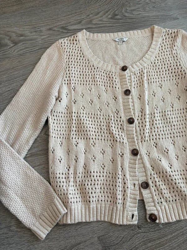 FatFace FatFace Cream Pointelle Knit Cardigan uk 14 Cotton Linen Boho Cottagecore
