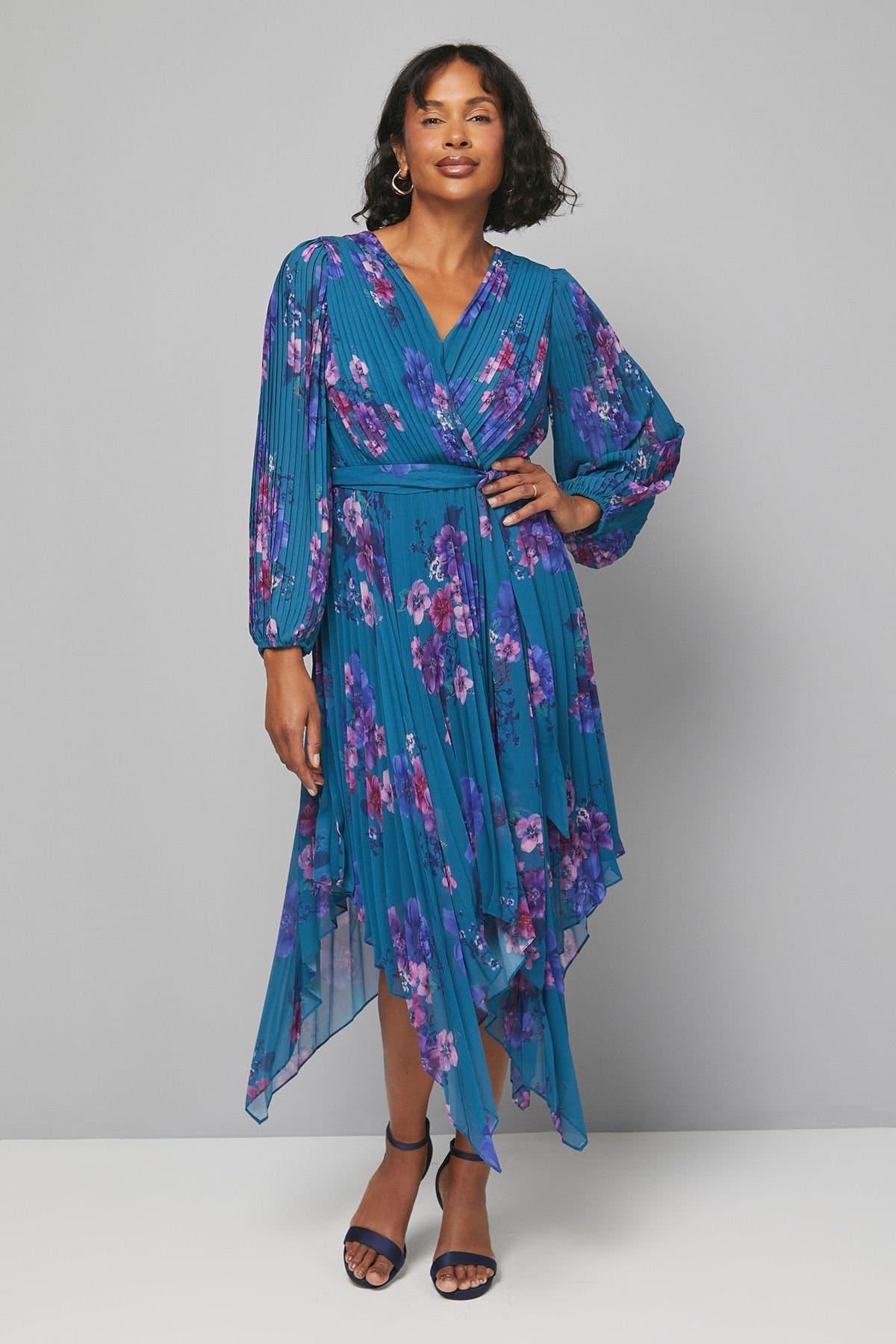 Wallis Wallis Women's Floral Pleated Asymmetric Wrap Dress in Teal