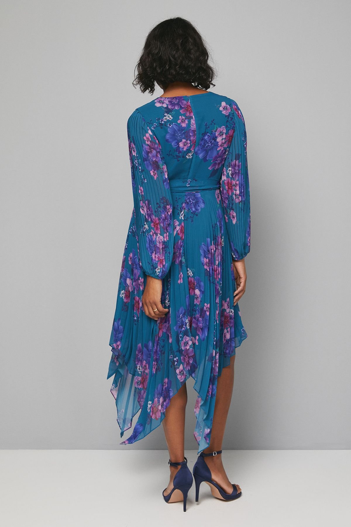 Wallis Wallis Women's Floral Pleated Asymmetric Wrap Dress in Teal - 3