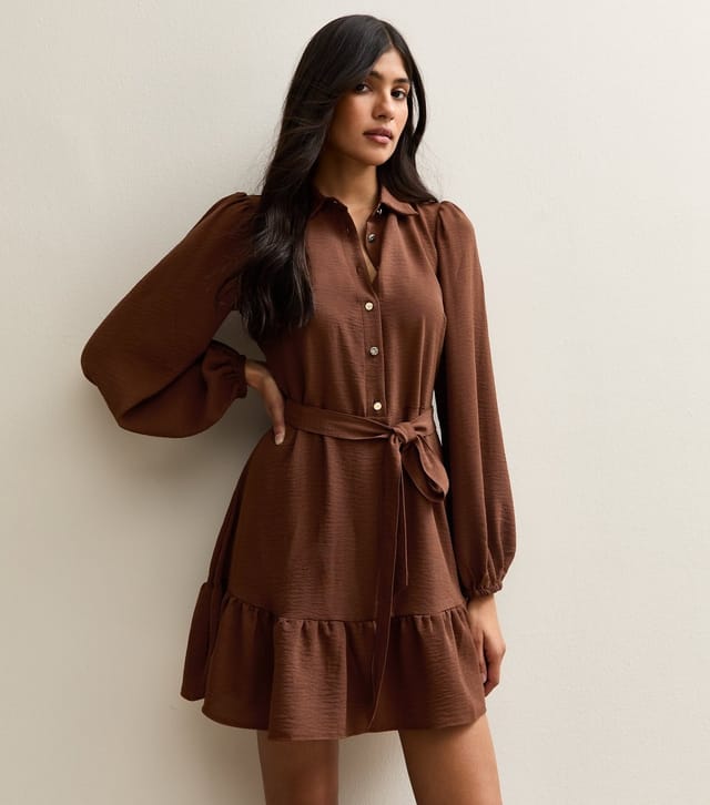 New Look Women's Brown Tiered Hem Belted Mini Shirt Dress New Look - 2