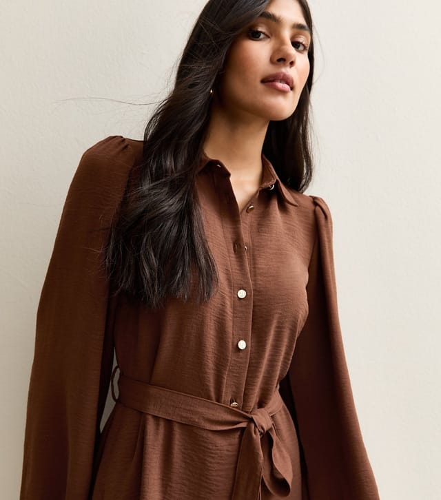New Look Women's Brown Tiered Hem Belted Mini Shirt Dress New Look - 3