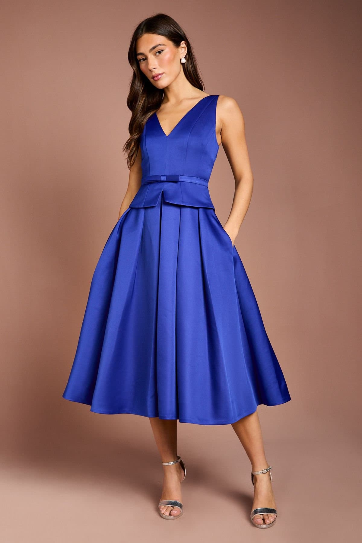 Coast Coast Women's Structured Satin Pleated Peplum Midi Dress in Cobalt