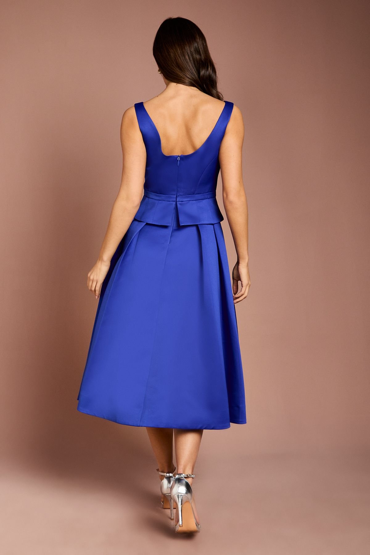 Coast Coast Women's Structured Satin Pleated Peplum Midi Dress in Cobalt - 3