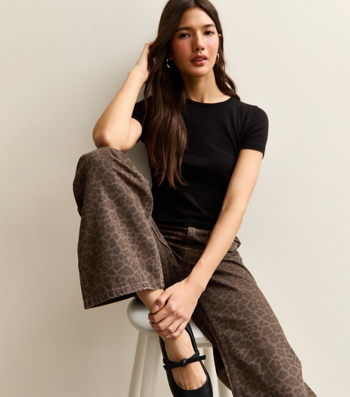 New Look Women's Brown Leopard Print Wide Leg Jeans New Look