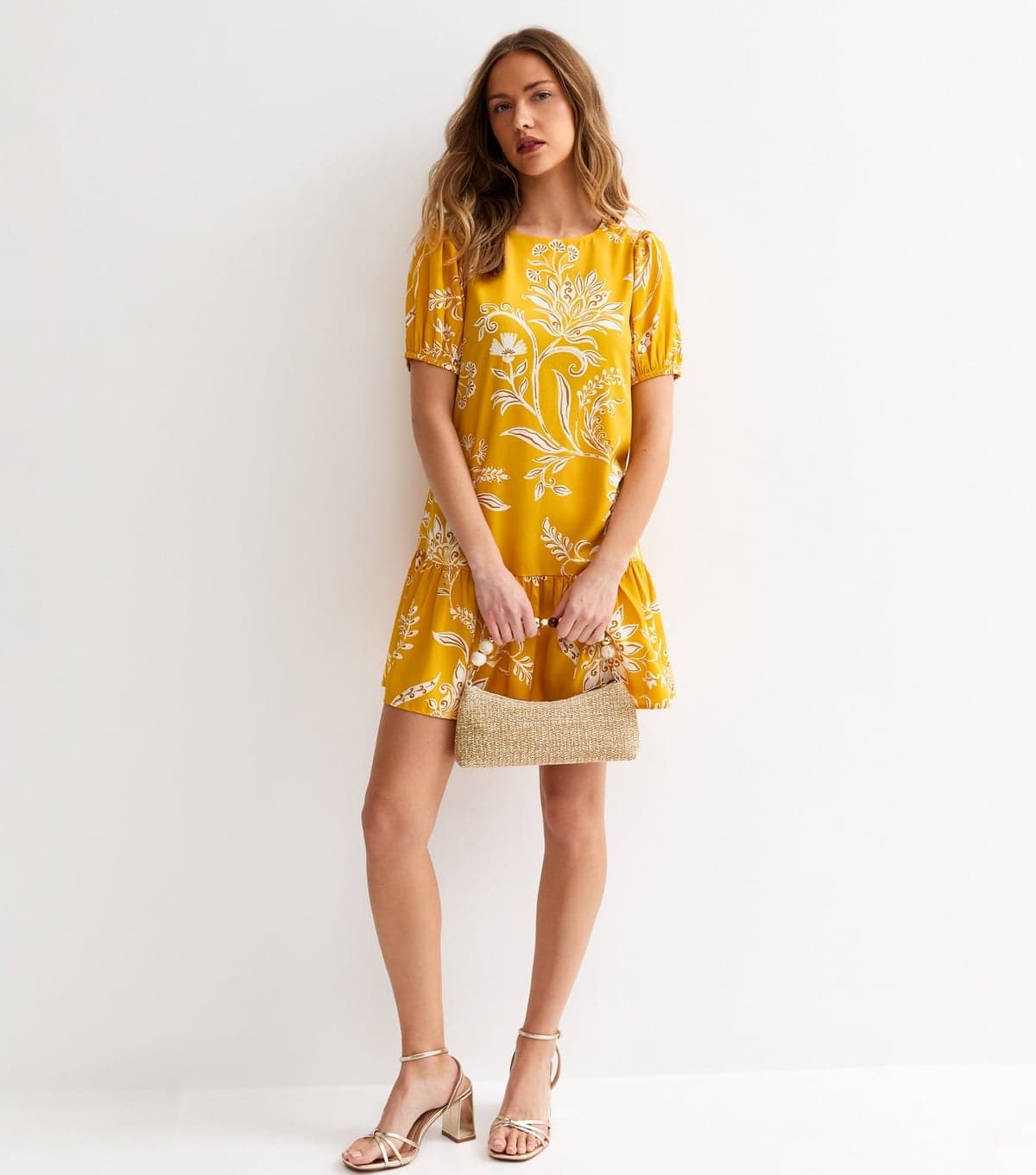 New Look Women's Yellow Crepe Leaf Print Smock Mini Dress New Look
