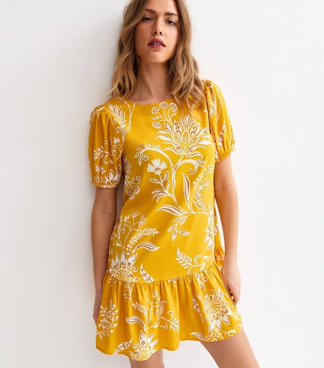 New Look Women's Yellow Crepe Leaf Print Smock Mini Dress New Look - 3