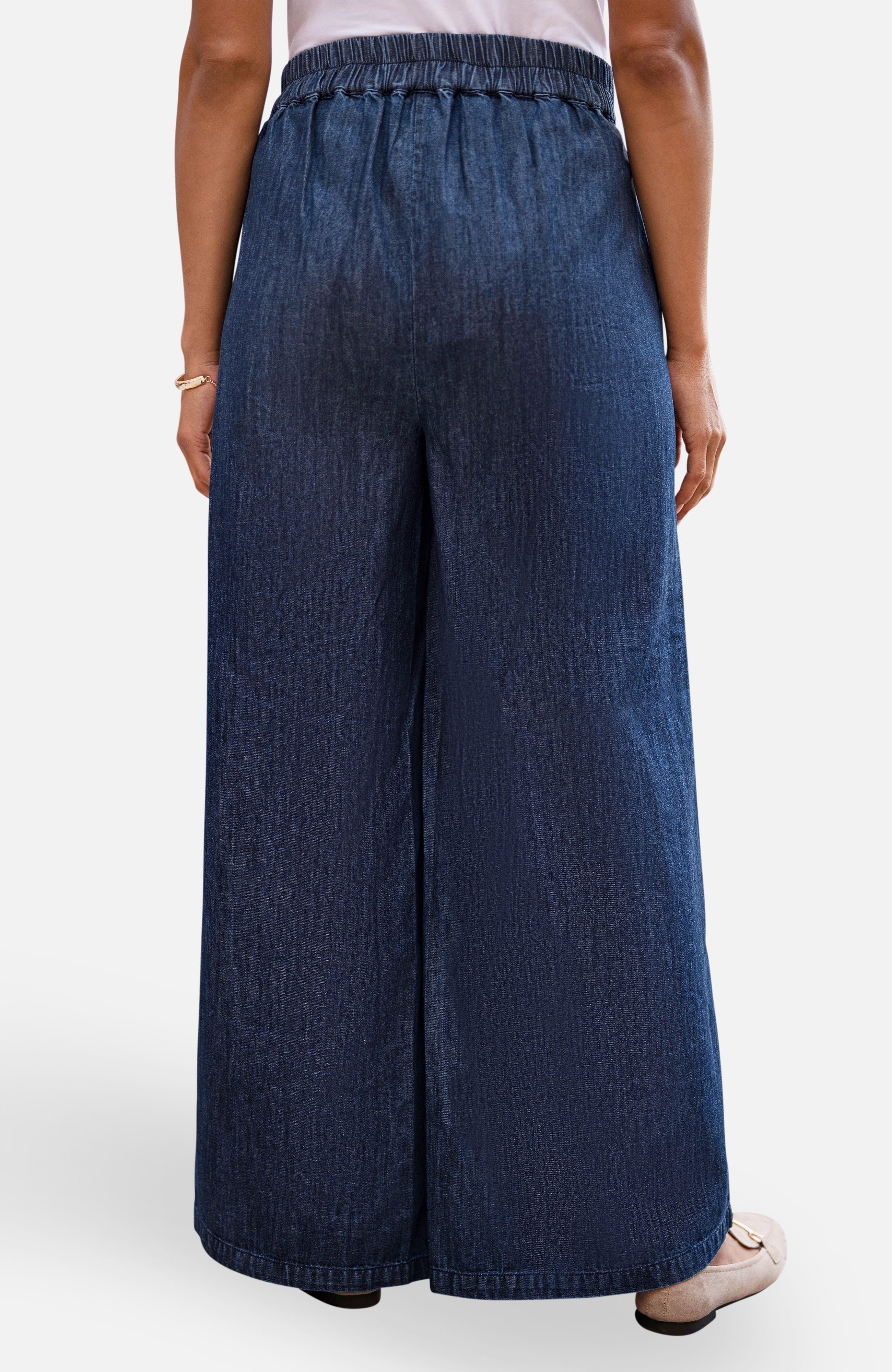 Yumi Yumi Women's Blue Chambray Wide Leg Trousers With Button Details in Dark Indigo - 2