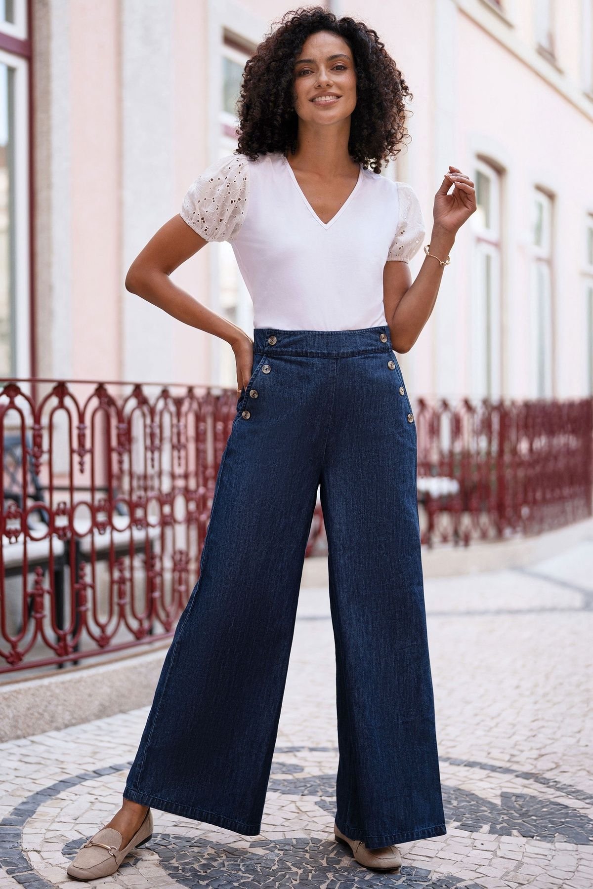 Yumi Yumi Women's Blue Chambray Wide Leg Trousers With Button Details in Dark Indigo - 3