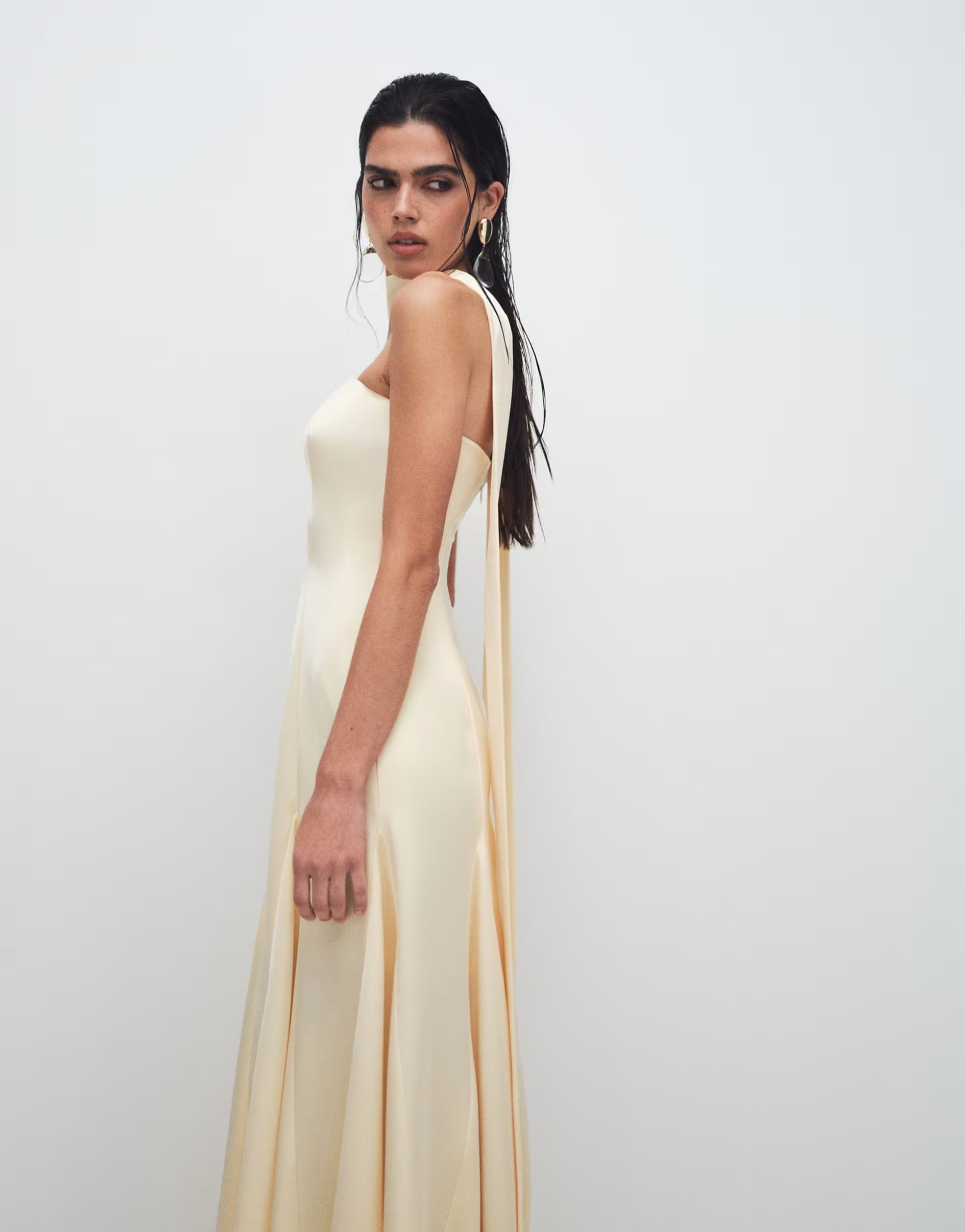 ASOS Kaiia exclusive satin scarf detail bandeau godet hem maxi dress in butter yellow