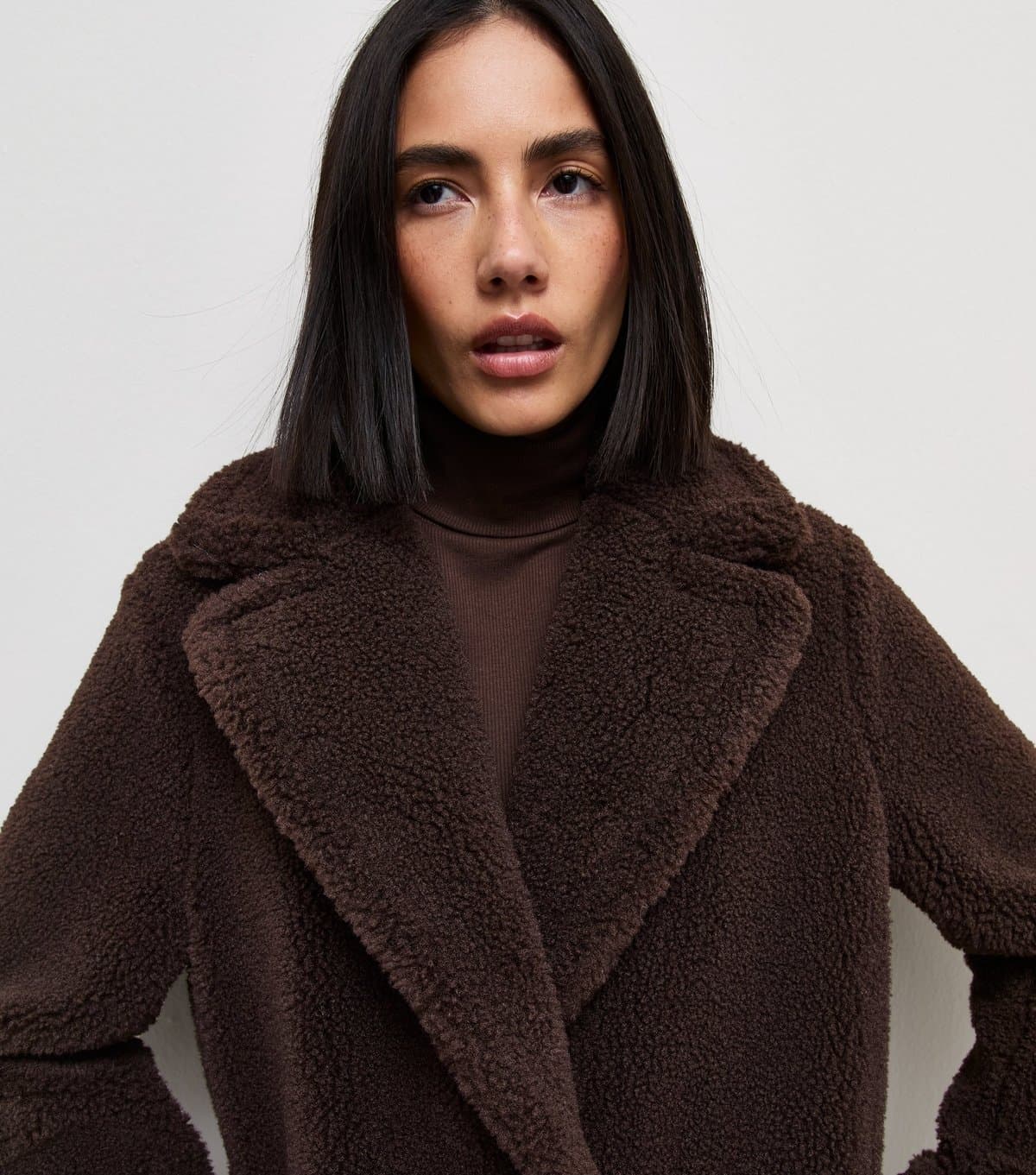 New Look Women's Dark Brown Collared Borg Midi Coat New Look