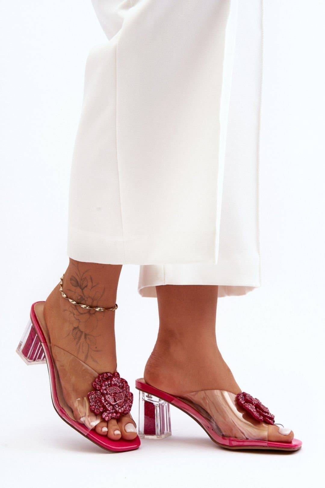 Love Lace Love Lace Women's Transparent Heeled Sandals With Sequin Heel & Jewel Strap in Pink