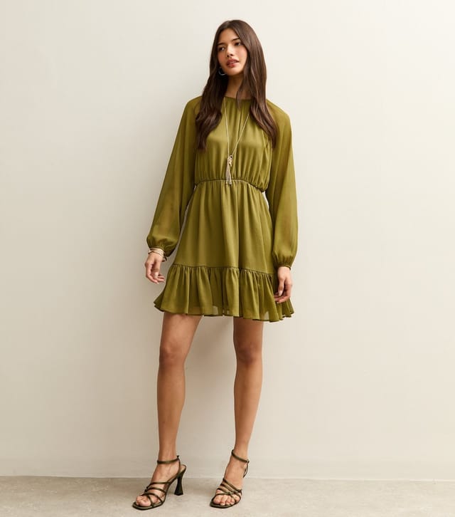 New Look Women's Light Khaki Chiffon Tiered Mini Dress New Look - 2
