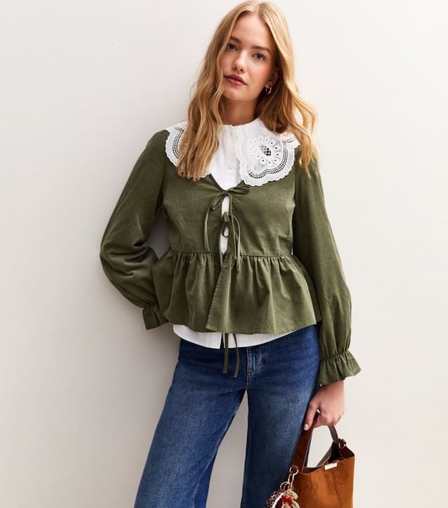 New Look Women's Khaki Green Corduroy Tie Front Peplum Shirt New Look - 2