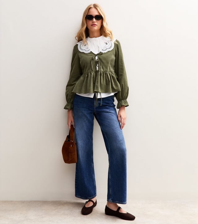New Look Women's Khaki Green Corduroy Tie Front Peplum Shirt New Look - 3