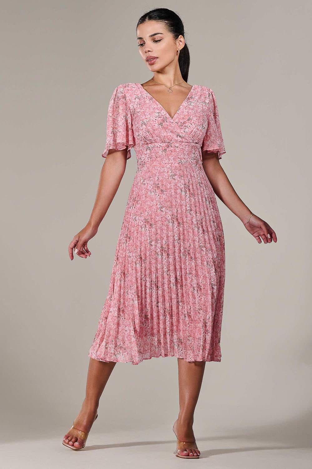 Jolie Moi Jolie Moi Women's Petite Chiffon Pleated Midaxi Dress in Pink