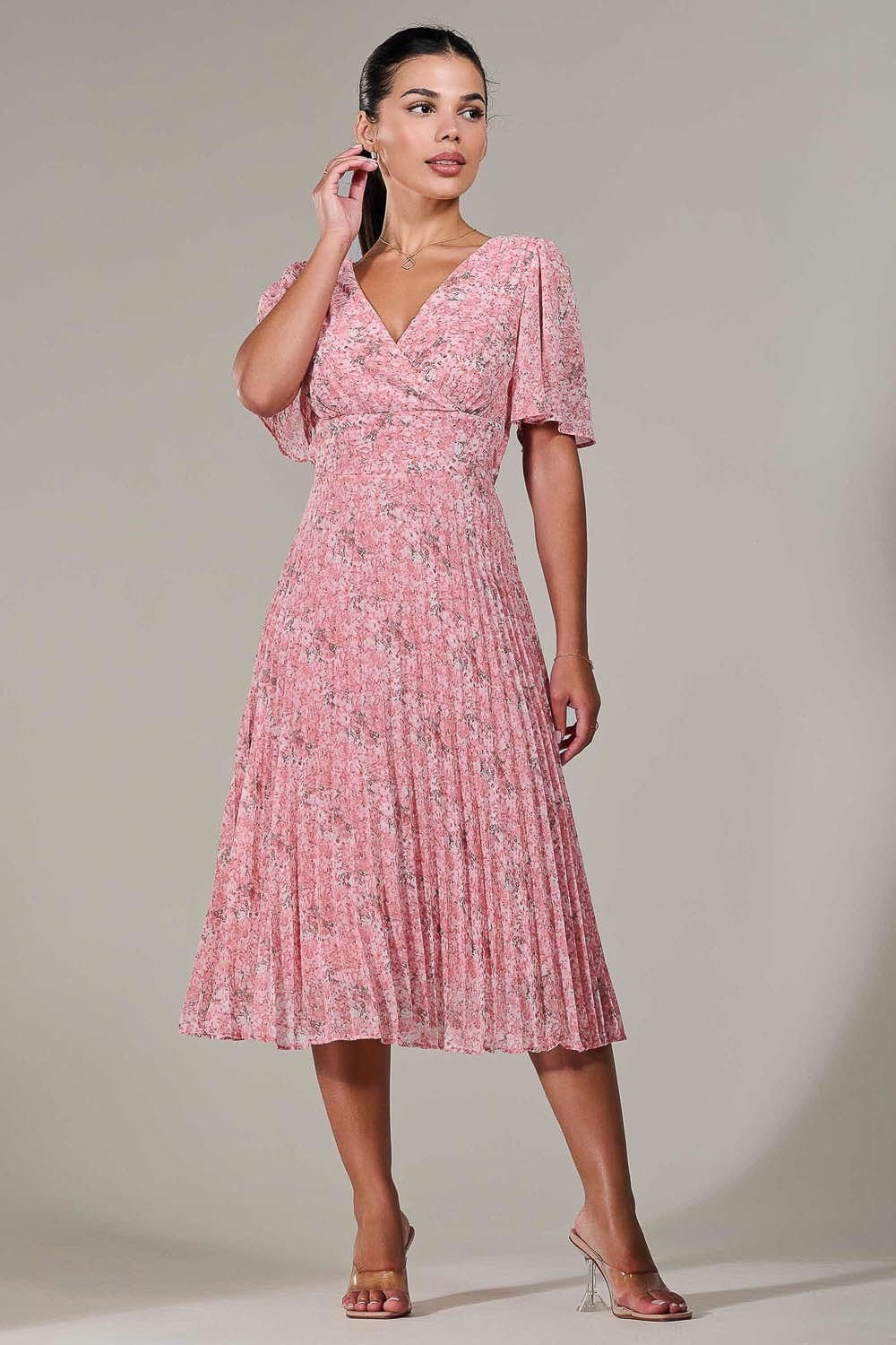 Jolie Moi Jolie Moi Women's Petite Chiffon Pleated Midaxi Dress in Pink - 4