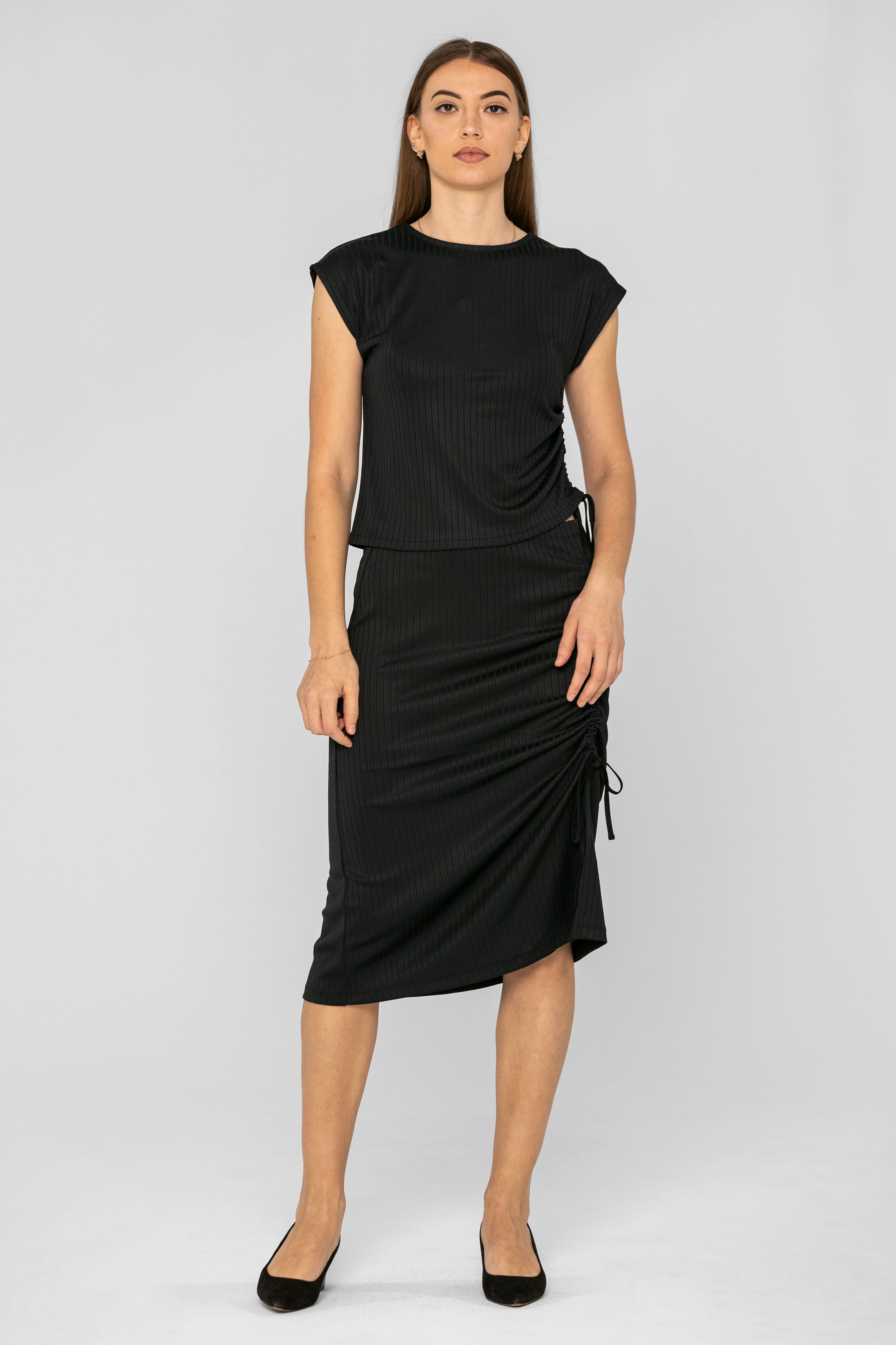 Enorsia Enorsia Women's Ruched Crew Neck Top & Midi Skirt Co-ord in Black - 4