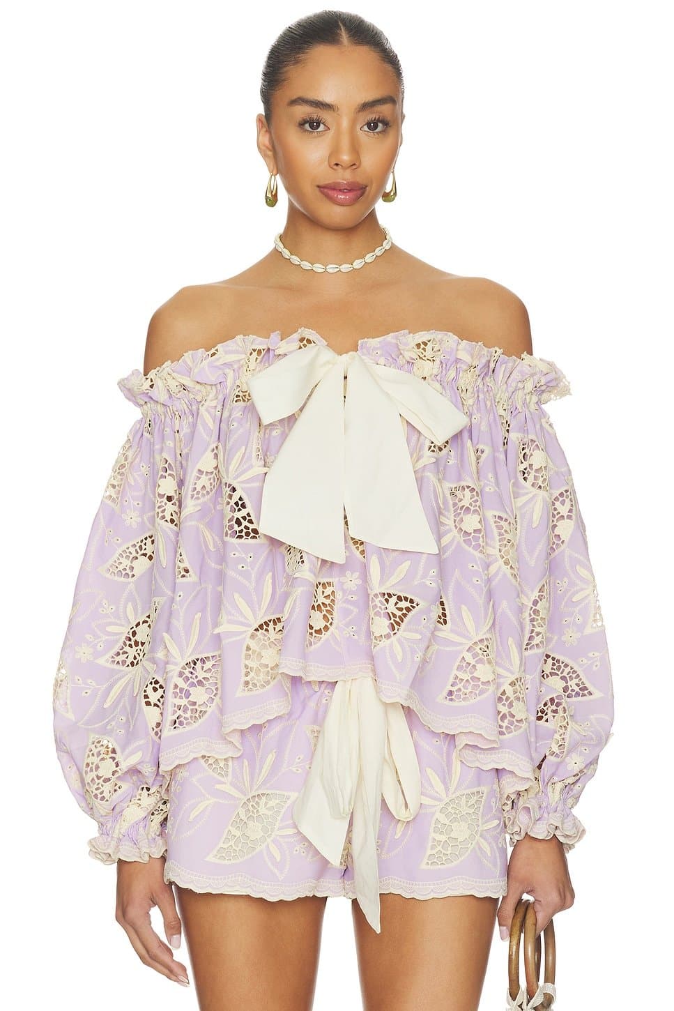 revolve Revolve Lilac & Ecru Floral Off-Shoulder Top