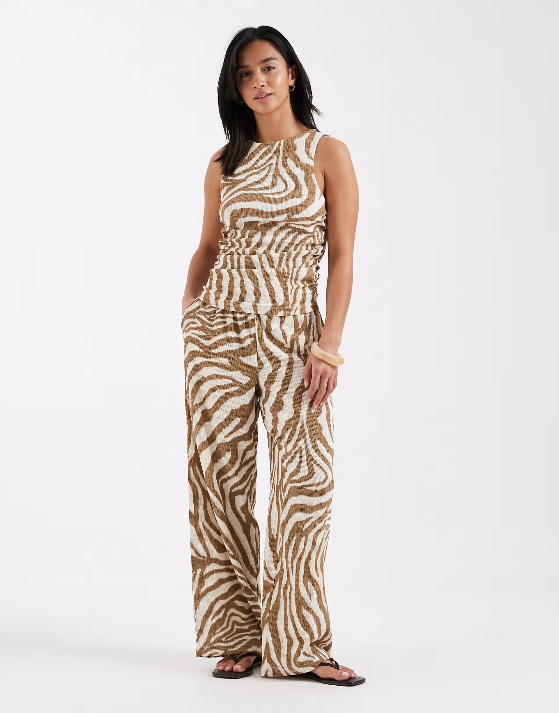 ASOS Vero Moda Petite sleeveless ruched jersey top and wide leg trouser set in birch abstract print