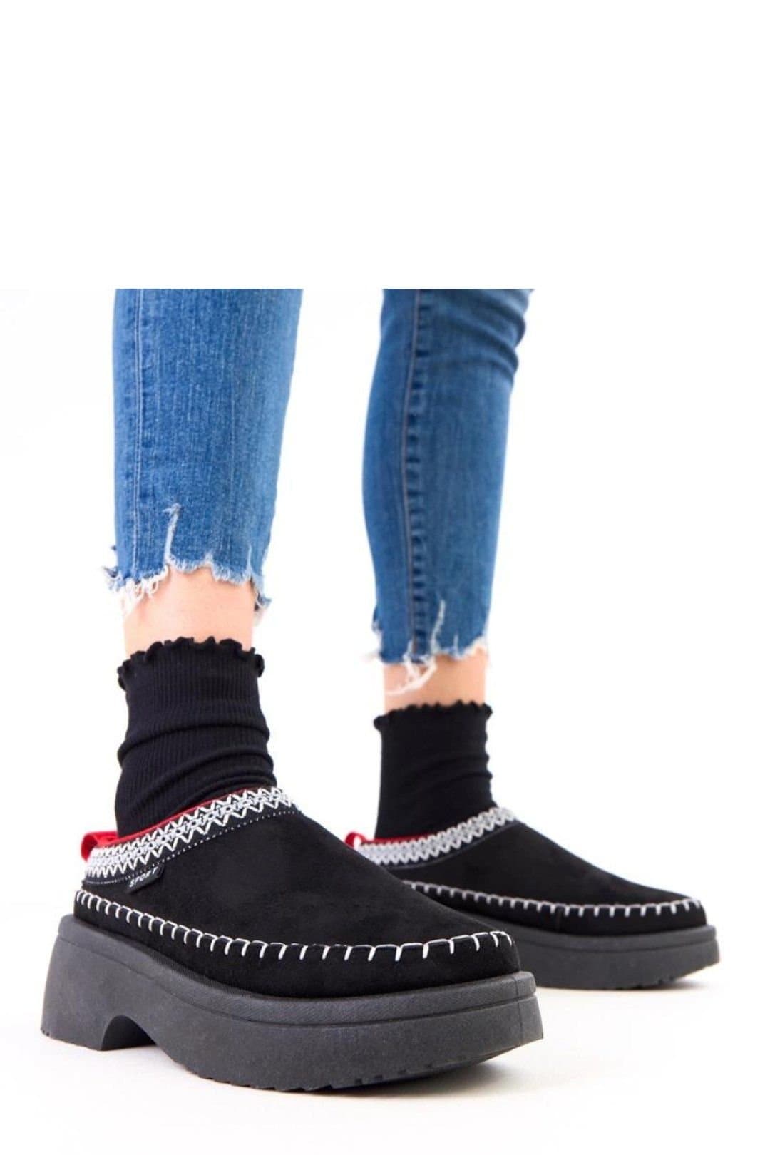 Love Lace Love Lace Women's Embroidered Suede Slip On Slippers Insole Platform Sole in Black