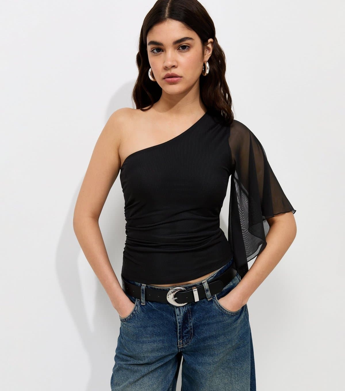 New Look Women's Black Mesh One Shoulder Draped Sleeve Top New Look