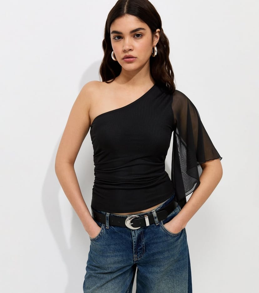 New Look Women's Black Mesh One Shoulder Draped Sleeve Top New Look - 1