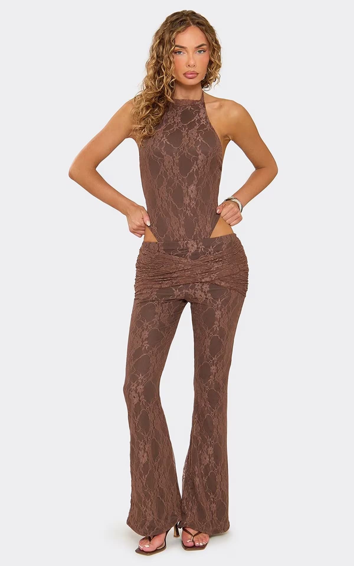 EGO Low Waist Ruched Panel Detail Flared Leg Trousers In Chocolate Brown Lace, Women's Size UK 6