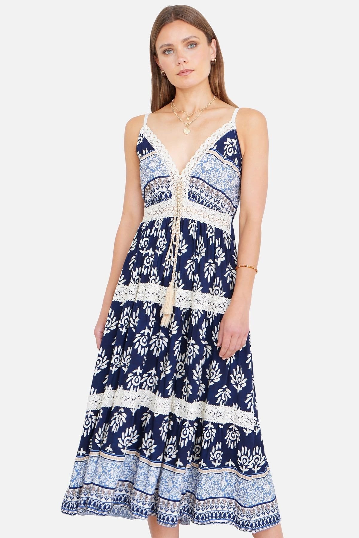 Yumi Navy Paisley Print Midi Sun Dress