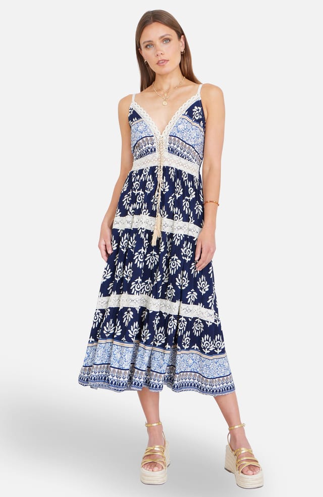 Yumi Yumi Women's Navy Viscose Paisley Print Midi Sun Dress - 2