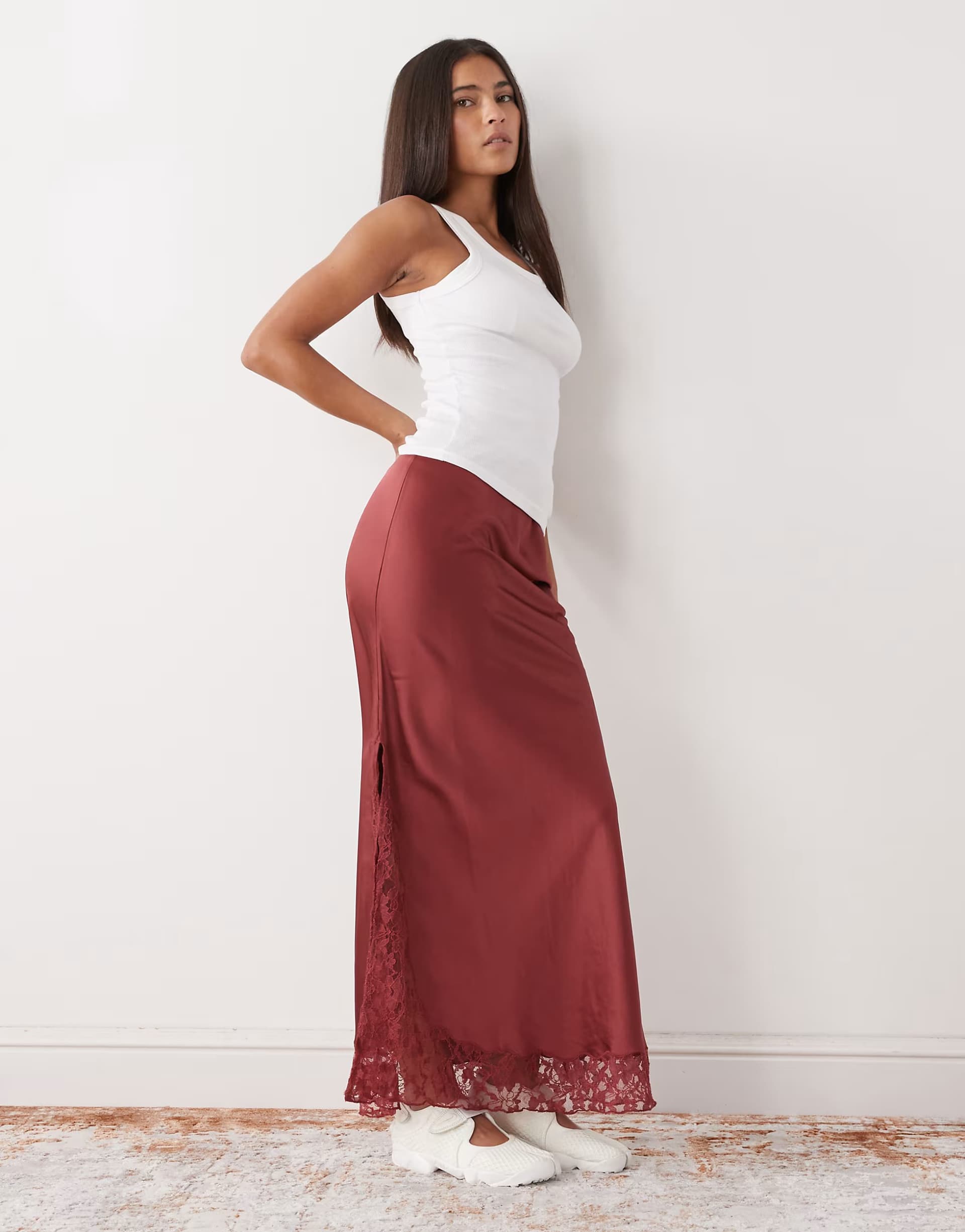 ASOS Reclaimed Vintage maxi satin slip skirt with lace inserts in rust red