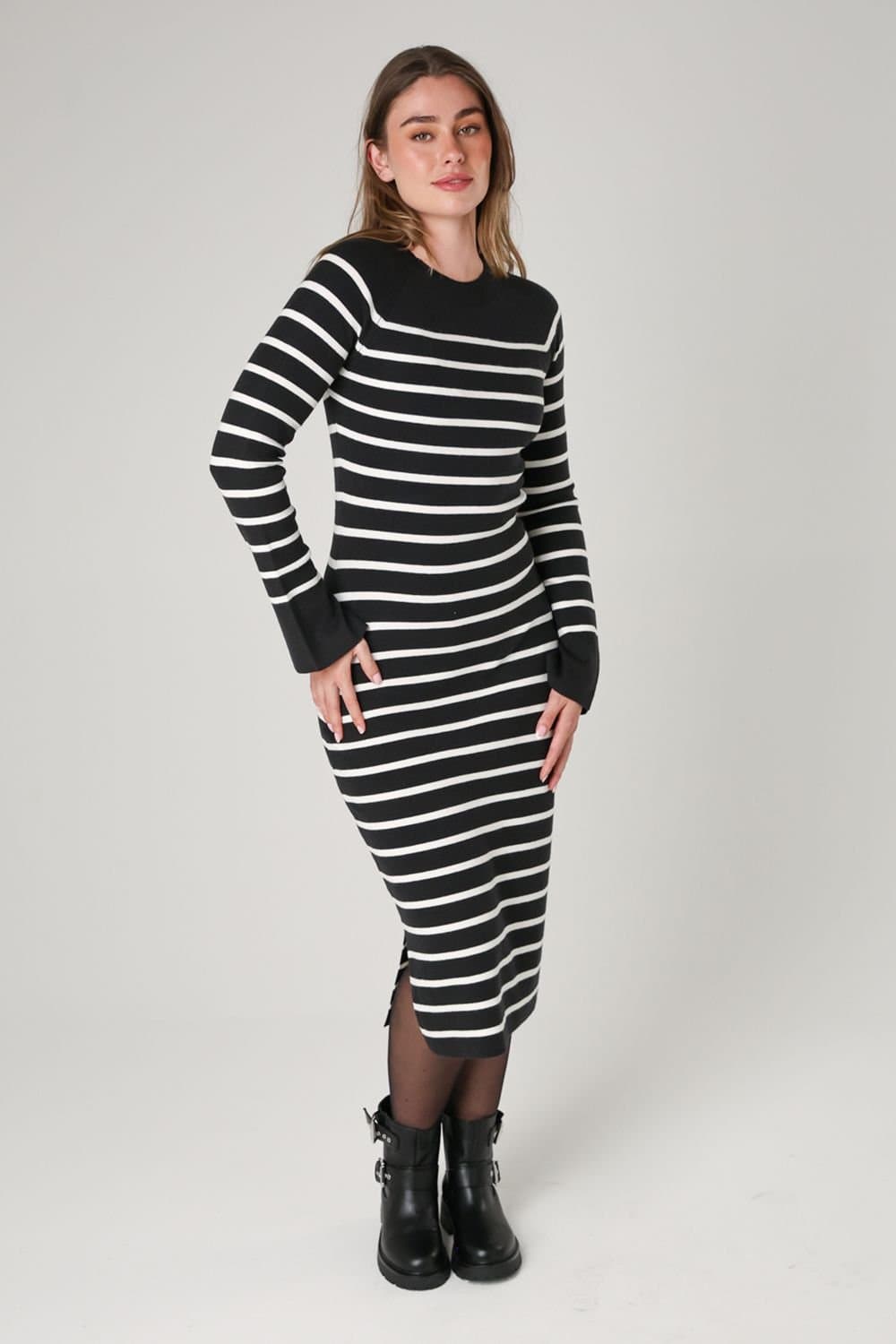 French Connection French Connection Women's Cosy Striped Midi Dress with Bell Sleeves in Grey